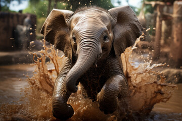 A baby elephant gleefully splashing in a mud puddle, showering itself in a brown, gooey spray. Concept of elephant playtime. Generative Ai.