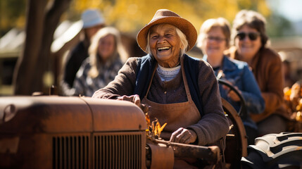 Happy female farmer giving a few guests a tractor ride one fall day - generative AI. - obrazy, fototapety, plakaty