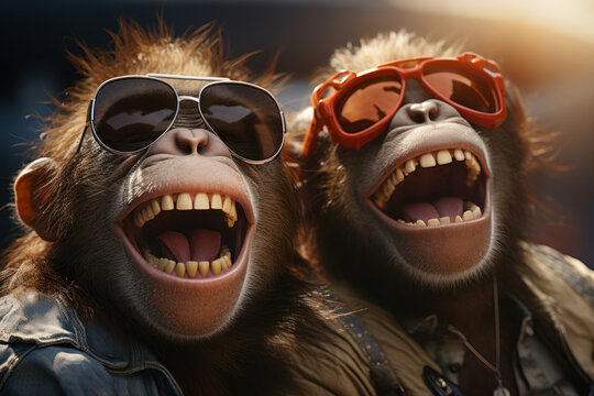 A pair of cheeky monkeys mimicking human expressions, one wearing sunglasses and the other grinning widely. Concept of monkey business. Generative Ai.