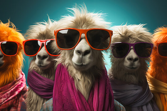 Generative AI illustration of cool llamas in scarves and colorful sunglasses as band