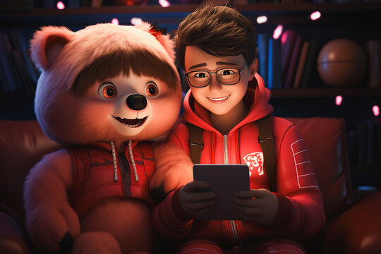 Naklejki Generative AI illustration of happy boy in red sweater using tablet near plush teddy bear against blurred background