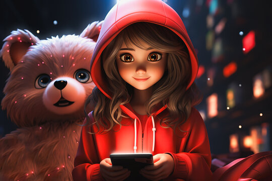 Generative AI illustration of happy girl in red hoodie using tablet near plush teddy bear against blurred background