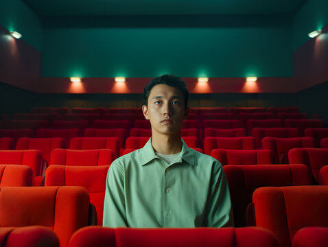 Generative AI illustration of young man Asian sitting in a movie theater watching a movie