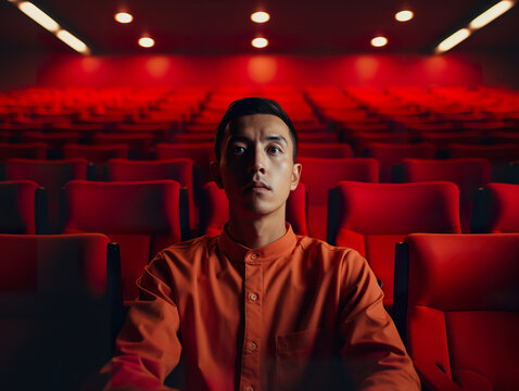 Generative AI illustration of young man Asian sitting in a movie theater watching a movie