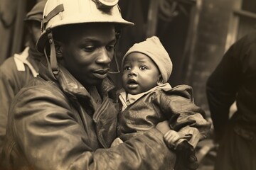 Fototapeta premium young African American firefighter rescuing a baby