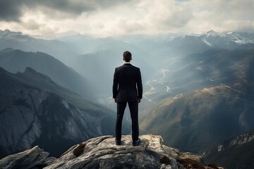 man wearing a suit and standing on the top of a mountain