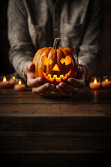 two hands holding an illuminated halloween smiling pumpkin over a table