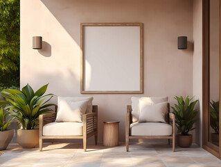 Front facing stylish exterior patio with two neutral colored chairs, botany, framed mock up art, brick floor, outdoor living