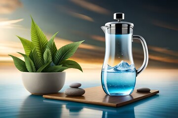 3d water filter pitcher ad template. Plastic jug mock-up displayed on ripple water surface with stones and natural leaves. 