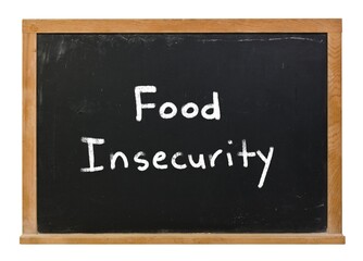 Food Insecurity written in white chalk on a black chalkboard isolated on white