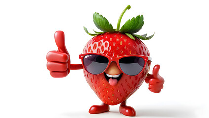 Happy smiling Strawberry character wearing sunglasses and gives thumbs up, funny cartoon Strawberry character showing thumbs up with white background