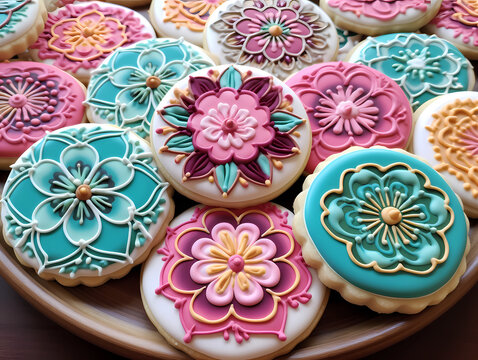 Round sugar cookies decorated with pink and blue royal icing for holiday gifts.  