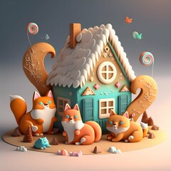 gingerbread house with furries high detail colorful 3D render 