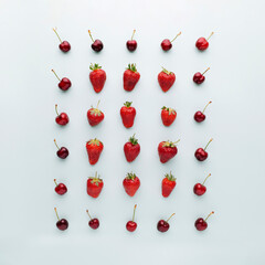 Square composition of cherries and strawberries on white table