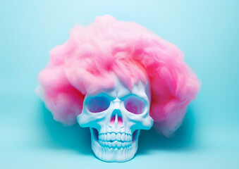 Human skull surrounded by pink cotton candy on blue background. Halloween