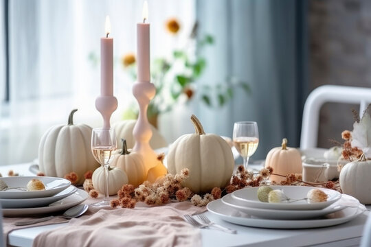 Many trendy modern pastel pumpkins on home decorated thanksgiving table setting. Minimal pastel pumpkins background in light colors, web banner. holidays or Halloween pastel pumpkins background.
