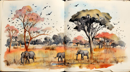  This journal illustration offers a  view of the African wilderness, showcasing zebras and  other animals roam freely amidst the vast savanna, embodying the beauty and diversity of the eco system. - 650902059