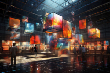A virtual art gallery where users can view, purchase, and even invest in digital art pieces using blockchain technology. Concept of digital art marketplaces. Generative Ai.