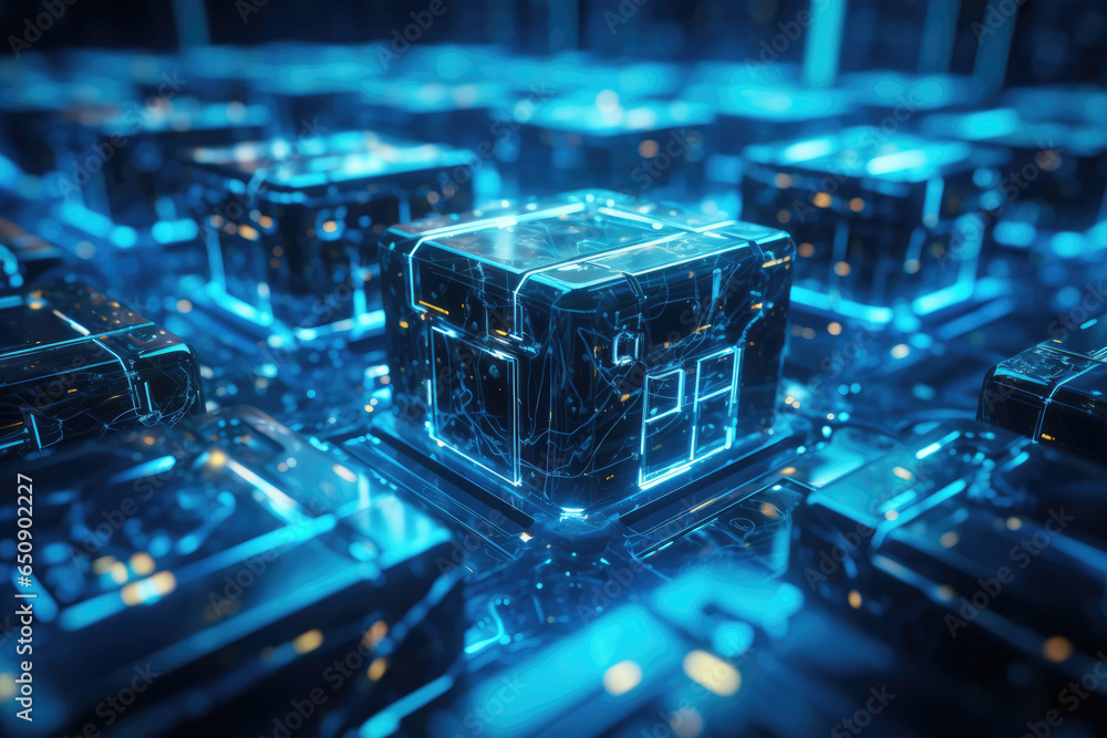 Poster a concept of blockchain technology, highlighting its role in secure transactions and data management