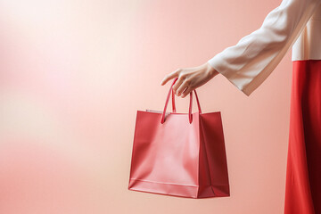 Hand holding shopping bag on a pastel background.