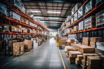 A large warehouse with many items and rows of shelves with many boxes.