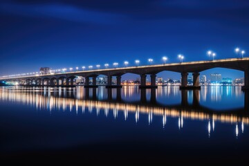 A low angle nightshot of a bridge with a skyline in the background.