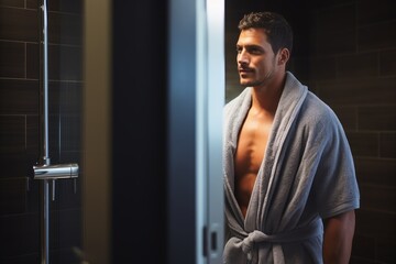 A man in a bathroom coming out of the shower wearing a towel. - obrazy, fototapety, plakaty