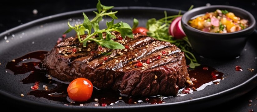 Close up of beef fillet steak with sea salt served on ceramic plate with salad and sauce Symbolizing restaurant food and culinary