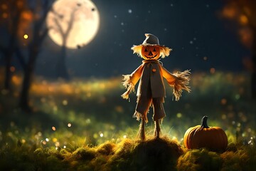 An adorable scarecrow miniature,  Halloween night scenery background.