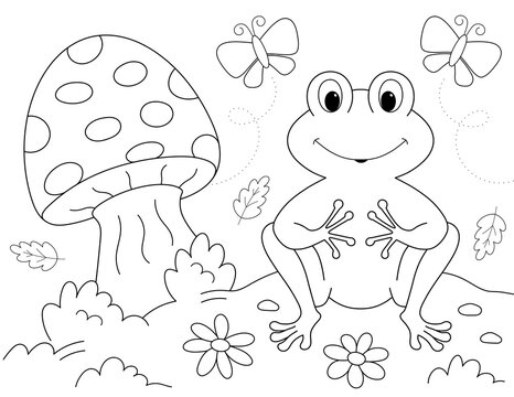 cute cartoon frog and mushroom easy coloring page for kids. you can print it on 8.5x11 inch paper