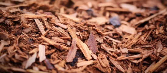 Fototapeta Recycled wood chips from tree bark mulching and enriching soil in sustainable farming obraz