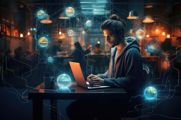 A concept of remote work, with professionals telecommuting from various locations using digital tools. Generative Ai.