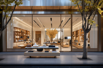 A sleek, modern storefront of a high-end retail shop, emphasizing the importance of visual merchandising. Generative Ai.