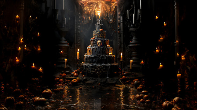 Death of pumpkin cake, the scariest cake on Halloween. Cake in the wet dungeon: candles, pumpkins and spiders everywhere.