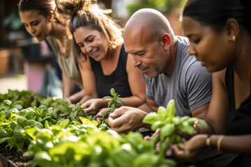 A group of individuals with intellectual disabilities working on a community gardening project, emphasizing inclusion and productivity. Generative Ai.