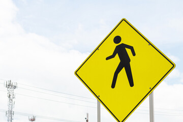 Approach to a traffic sign that announces pedestrians on the road. Signs on the road. Prevention...