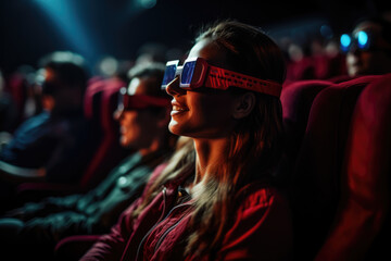 A 3D glasses-wearing audience in a contemporary cinema, highlighting technological advancements....
