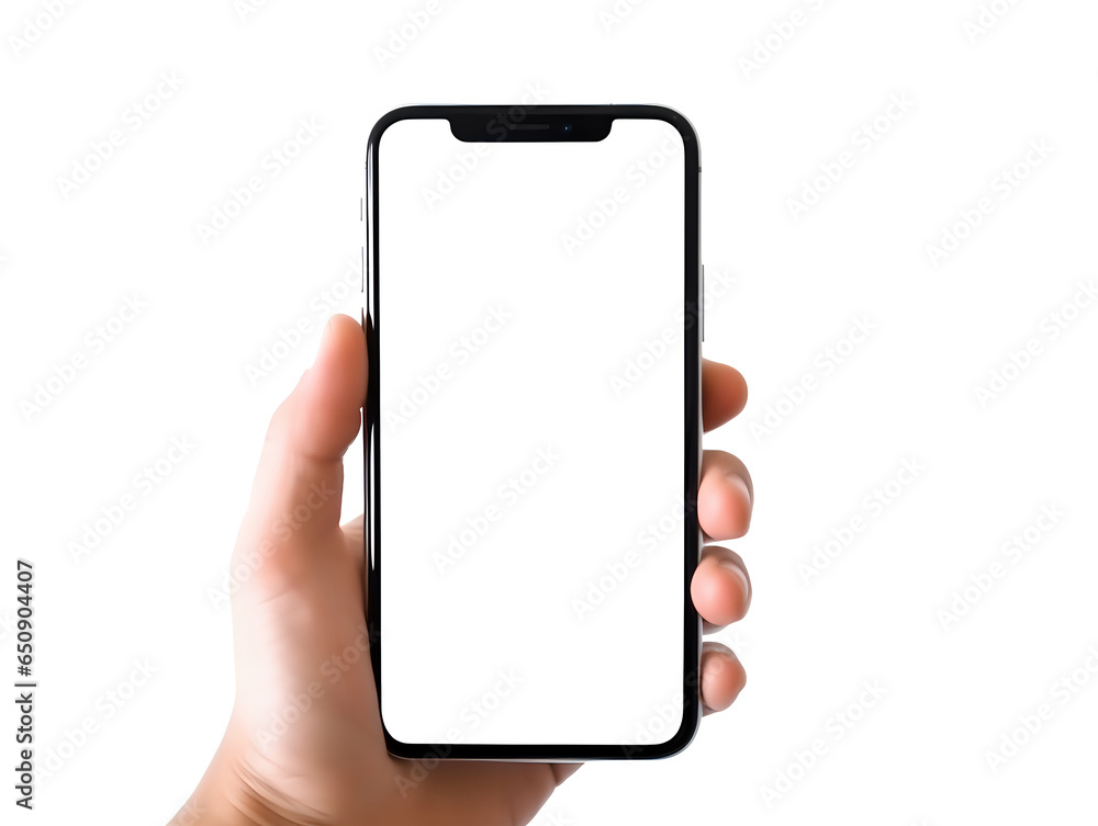 Poster smartphone in hand on a transparent background with a transparent screen, mockup of a smartphone in 