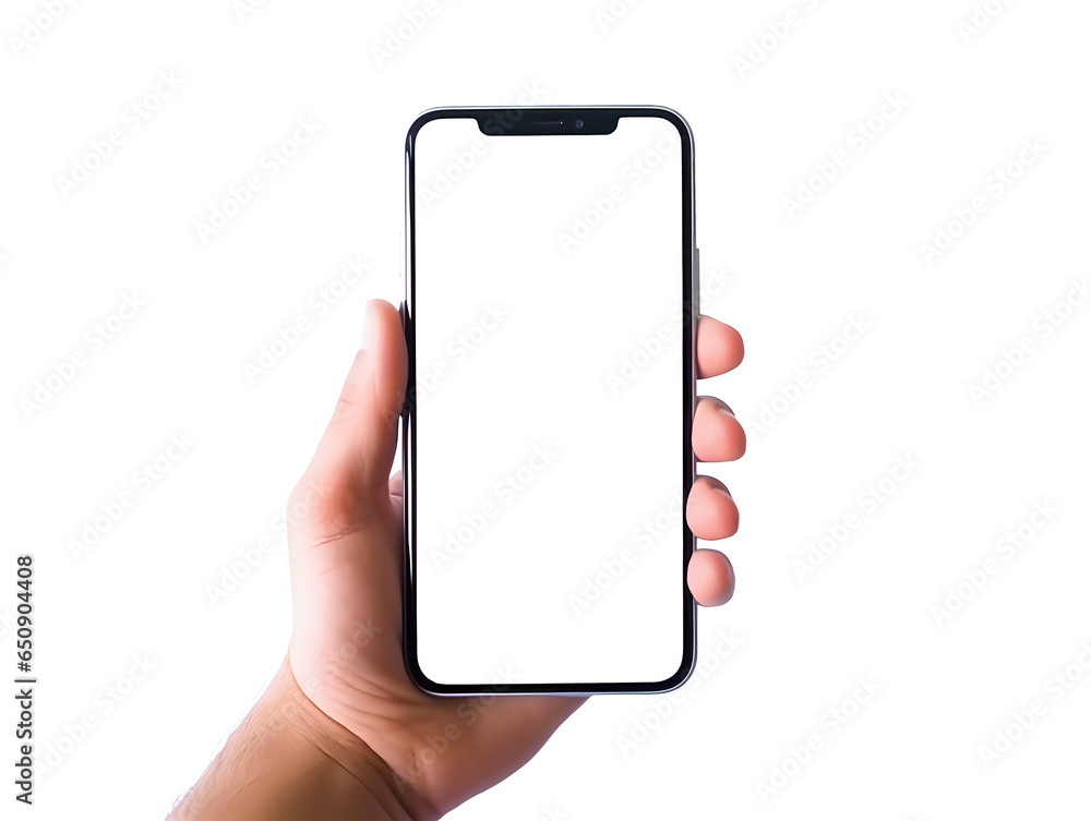 Poster smartphone in hand on a transparent background with a transparent screen, mockup of a smartphone in 