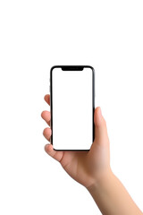 smartphone in hand on a transparent background with a transparent screen, mockup of a smartphone in hand on a white background, blank screen of a smartphone on a clean background