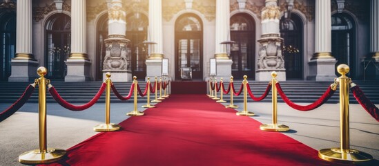 Fototapeta premium Luxury event entrance for film premiere red carpet golden barriers wealthy guests arriving summer outdoor decorations