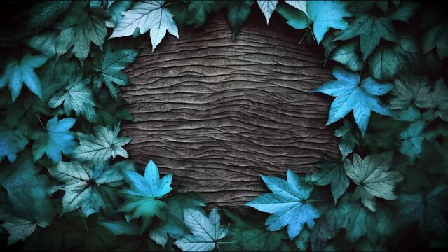 Blue colored autumn leaves in circle mockup stop motion animation for the fall 