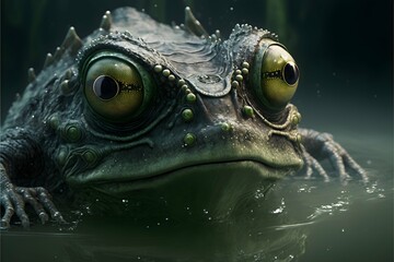 a creature from the future part huamn part machine part frog only its face from the mouth up is visible as it is rising out of murky water close up giant menacing eyes white background octane render  - obrazy, fototapety, plakaty