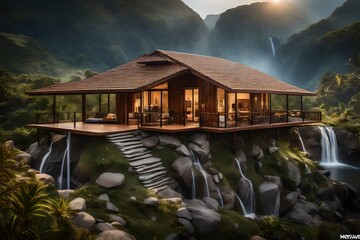 super realistic small hut house near a beautiful waterfall on top of a hill