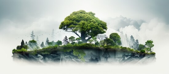 White background with clipping path isolates a world tree concept representing double exposure in the environment