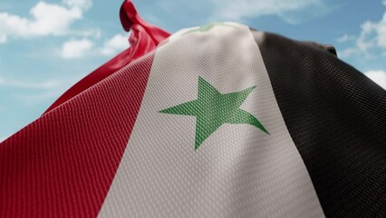 Wavy flag of Syria blowing in the wind in slow motion. Waving official Syrian flag team symbol abstract vertical background. Blue sky with clouds. World countries flying flags concept