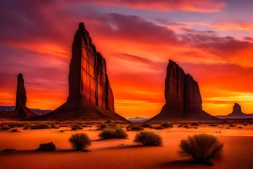 Keuken foto achterwand The desert landscape is bathed in the warm hues of sunset, and Ship Rock stands as a majestic sentinel against the fading light © SardarMuhammad