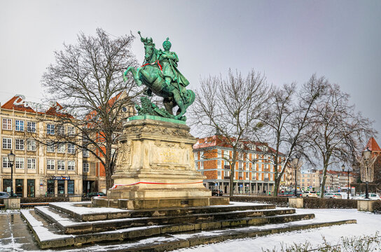 Gdansk, Poland - April 12, 2023: equestrian monument to King Jan III Sobieski in Gdańsk	