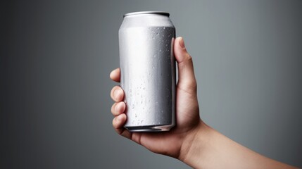 Men hand holding aluminum can with condensation droplet. isolated on grey background. - obrazy, fototapety, plakaty