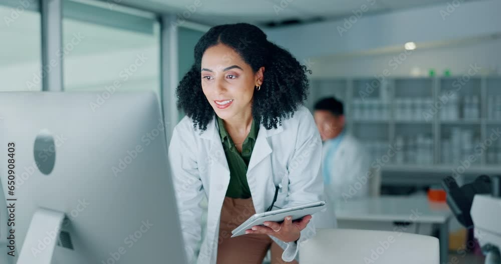 Poster medical, research and woman scientist with tablet and computer for online or internet results of a s